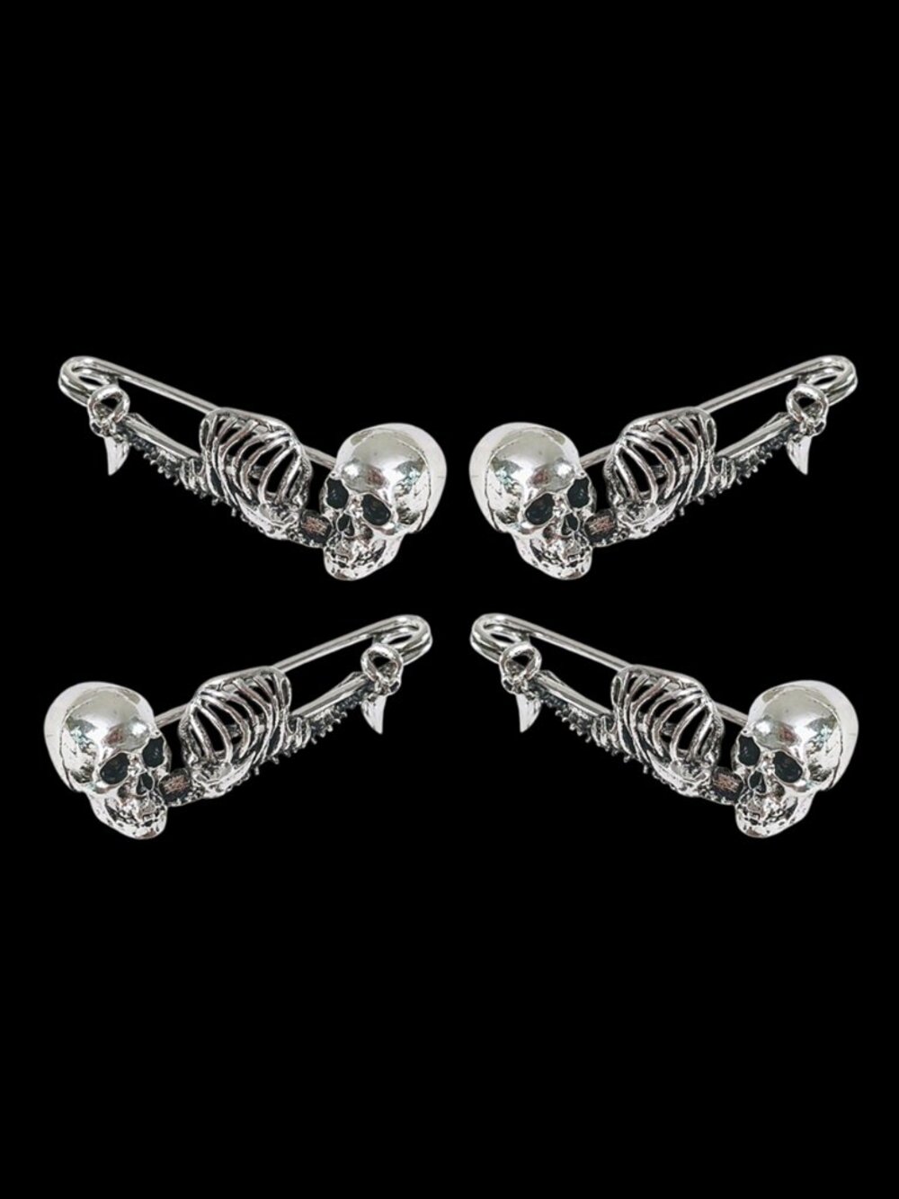 Set of 4 Large Silver Gothic Skeleton Safety Pins